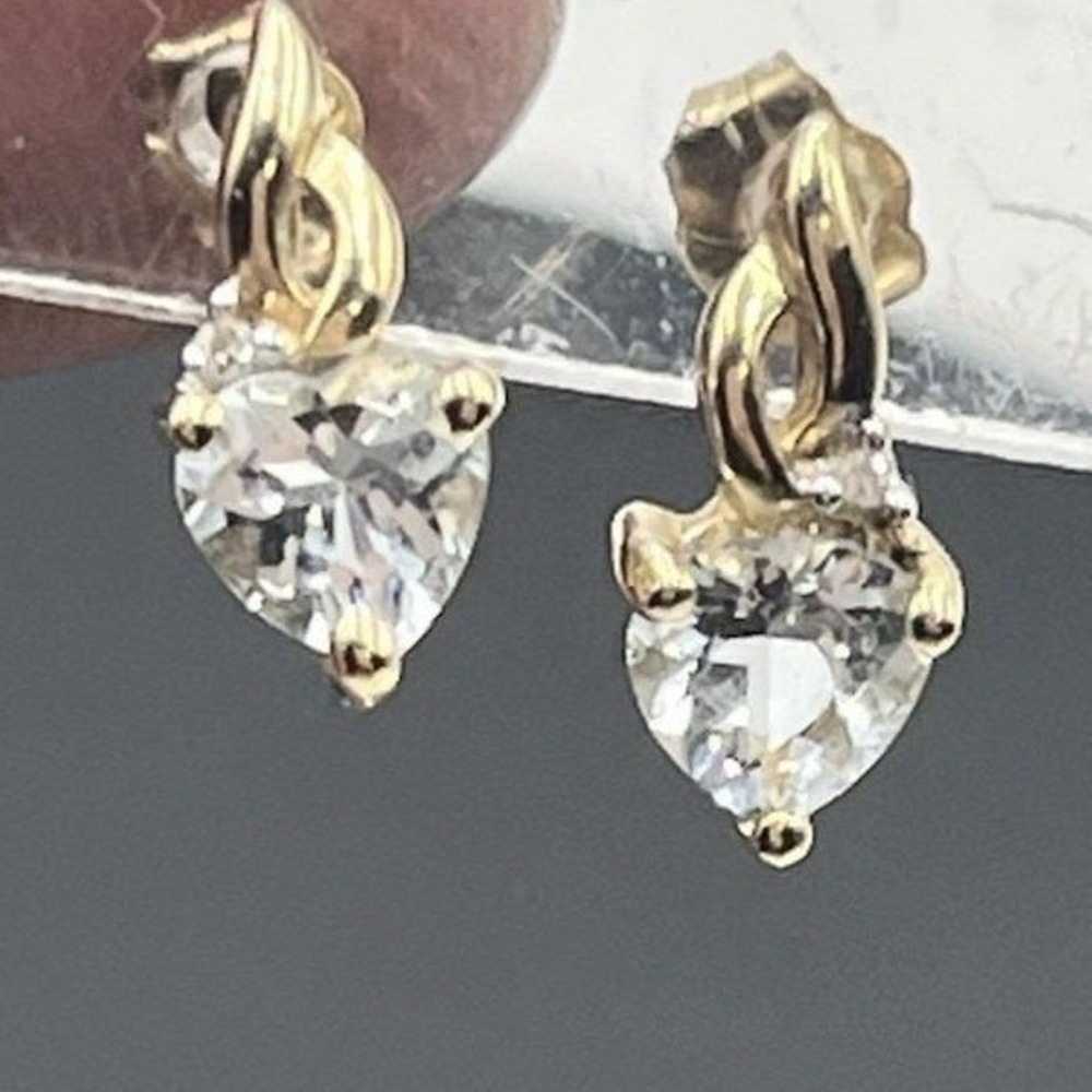 10k Yellow Gold Aquamarine Heart & Diamond Accent Gemstone Small Dangle Earrings